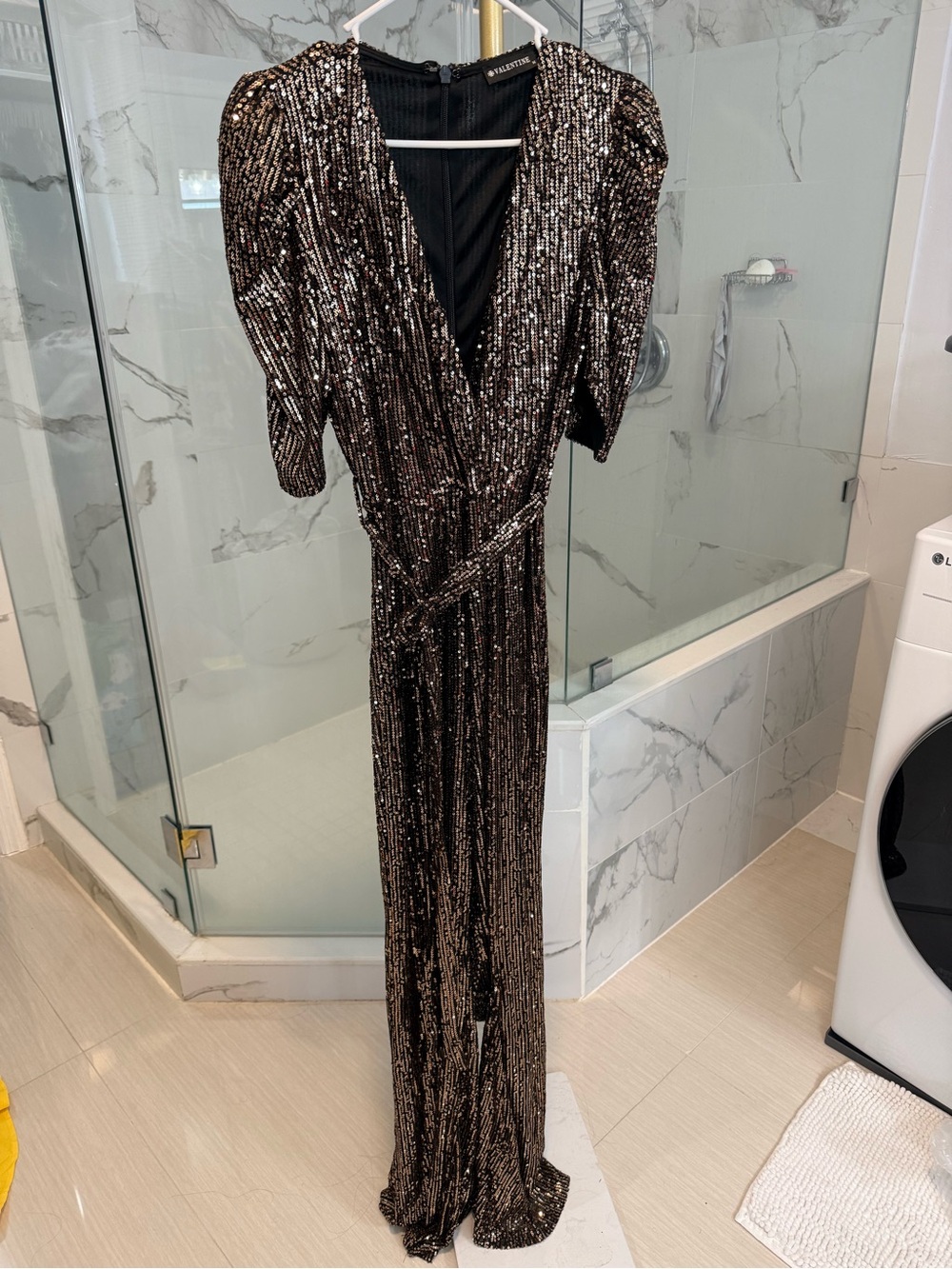 Black Sequin V-Neck Evening Jumpsuit with Waist Tie